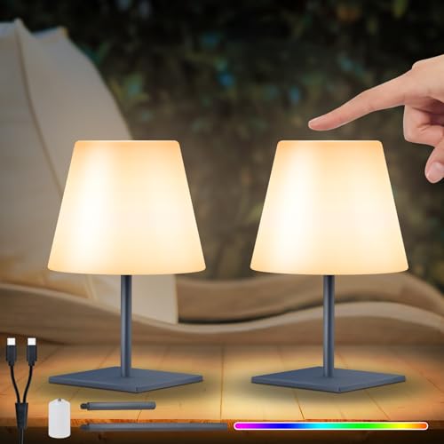 NiceBuy LED Tischlampe Akku Touch Dimmbar Warmweiß/RGB USB Aufladbar Tischleuchte Kabellos Mini Klein Kabellose Tischlampe 2er Set,IP44 FüR Outdoor Camping (Grau A) von NiceBuy