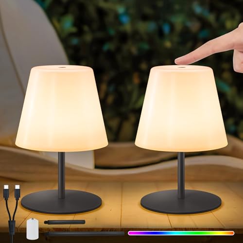 NiceBuy LED Tischlampe Akku 2er Set Touch Dimmbar Warmweiß/RGB USB-C Aufladbar Tischleuchte kabellos Mini Klein IP44 für Wohnzimmer Balkon Patio Terrasse​ (Schwarz) von NiceBuy