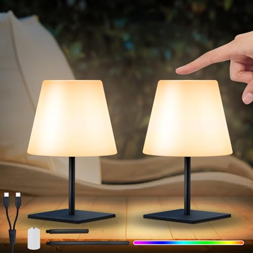 NiceBuy LED Tischlampe Akku 2er Set Touch Dimmbar Warmweiß/RGB USB-C Aufladbar Tischleuchte kabellos Mini Klein IP44 für Wohnzimmer Balkon Patio Terrasse​ (Schwarz Quadratischer Sockel) von NiceBuy