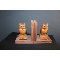 Mid Century Xl Buchstützen Aus Holz in Form Von Zwei Eulen von NiceOffice