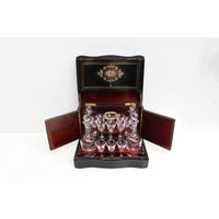 Wunderschöne Antike Ebonisierte Holz Messing Eingelegt Und Überquert Mit Perlmutt Likör Set 4 Dekanter 14 Gläser Hervorragende von NiceOldFinds