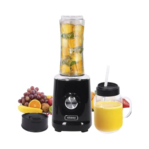 Niceey Mini Standmixer - Tragbarer Mixer Smoothie Maker - mit 2 To-Go Bechern - 600 ML Flasche für unterwegs - Mit 3 Geschwindigkeitsstufen für Smoothies und Sportgetränken- Schwarz von Niceey