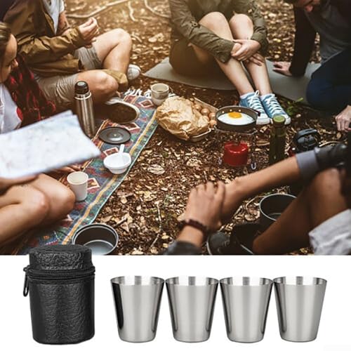 Niceminiwall Edelstahl-Schnapsgläser, 4er-Set, mit Leder-Tragetasche, 30 ml und 70 ml, wiederverwendbare Whiskeybecher aus Metall für Camping, Picknick, Urlaub, Outdoor-Bar und Alltag (30 ml) von Niceminiwall