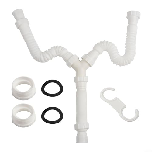 Niceminiwall Flexibles G1-1/2 Ablaufrohr, erweiterbar 20 cm - 80 cm, Doppelbecken-Ablauf-Set, G1-1/4-Adapter, P-Trap-Ablauf-Set für Badezimmer- und Küchenspülen von Niceminiwall