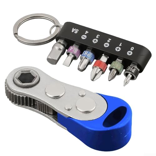 Niceminiwall Kompaktes Ratschen-Schraubendreher-Set, 7-in-1, tragbares Handwerkzeug-Set mit PH0-PH3 SL4-Bits für die Wartung zu Hause, rot (blau) von Niceminiwall