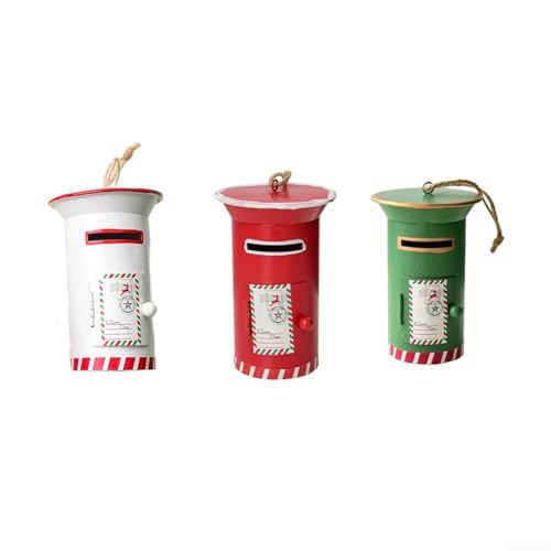 Niceminiwall Mini-Briefkasten-Ornamente – 3 Stück Weihnachtsbaumschmuck Metall Urlaubsdekoration – 6,5 x 6,5 x 10 cm – Weihnachtsbaumakzent rot grün weiß Briefkasten (Farbmischung) von Niceminiwall