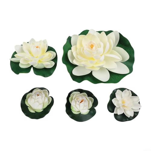 Niceminiwall Set mit 5 weißen künstlichen Lotuslilienblüten, EVA, schwimmende Wasserpflanzen für Gartenteich, Pool, Aquarium, Hochzeit oder Partydekoration im Freien von Niceminiwall