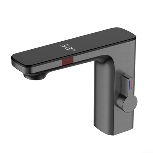 Niceminiwall Smart Motion Sensor Waschtischarmatur mit Digitalanzeige, Warm- und Kaltwassermischer, Messingkonstruktion, verchromt, Deckmontage für Badezimmer (grau) von Niceminiwall