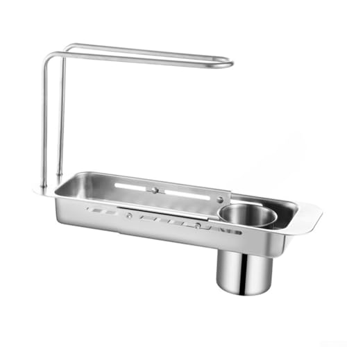 Niceminiwall Verstellbarer Küchenspüle-Organizer aus Edelstahl mit Teleskop-Design, 37–43 cm, erweiterbares Abtropfgestell für Seife, Schwamm, Geschirrtuch und Reinigung von Niceminiwall