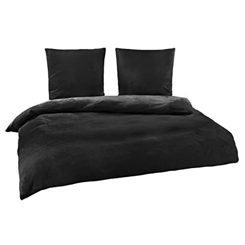 BaSaTex Winter Bettwäsche Cashmere Touch 100% Microfaser Uni und Uni Wende in 4 Größen und 8 Farben, 200x020 2X 80x80 cm Schwarz von BaSaTex