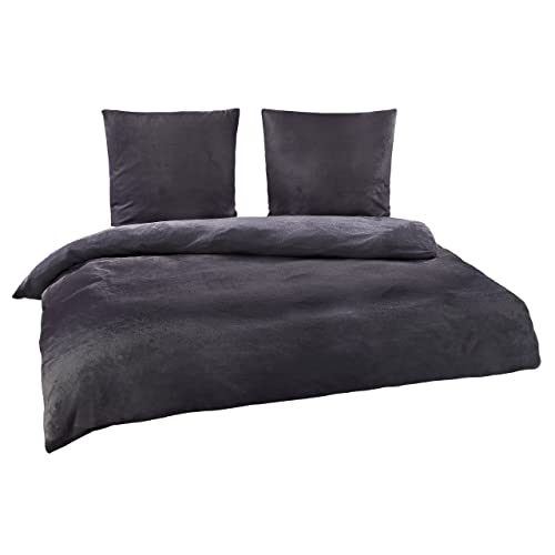 BaSaTex Winter Bettwäsche Cashmere Touch 100% Microfaser Uni und Uni Wende in 4 Größen und 8 Farben, 200x200 2X 80x80 cm Anthrazit von BaSaTex