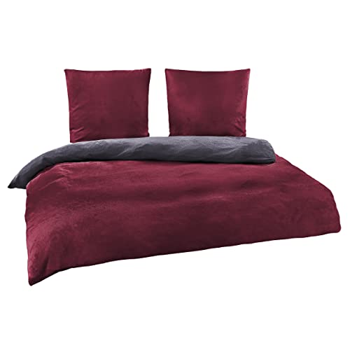 BaSaTex Winter Bettwäsche Cashmere Touch 100% Microfaser Uni und Uni Wende in 4 Größen und 8 Farben, 200x220 2X 80x80 cm Anthrazit Bordeaux von BaSaTex