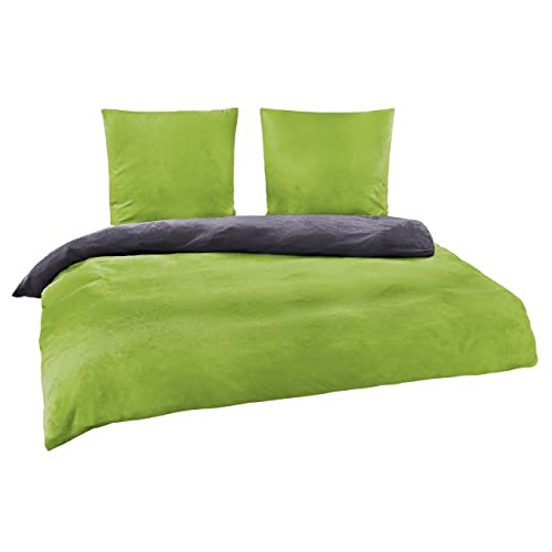 BaSaTex Winter Bettwäsche Cashmere Touch 100% Microfaser Uni und Uni Wende in 4 Größen und 8 Farben, 200x220 2X 80x80 cm Anthrazit Grün von BaSaTex