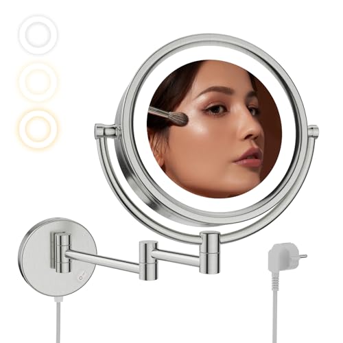Nicesail Schminkspiegel mit Beleuchtung Wand Gebürstetes Nickel Kosmetikspiegel Ausziehbar mit Vergrößerung 5X 360° Swivel Doppelseitiger Spiegel,Durchmesser 20cm von Nicesail