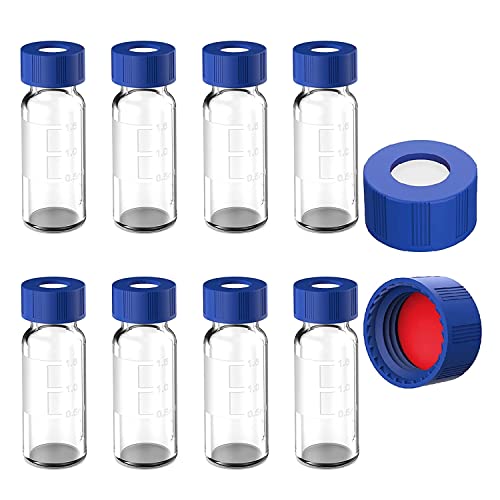 Nicfaky Autosampler Ampullen 2 ml, 100 Stück, HPLC-Ampullen 9–425, transparente Ampullen mit blauer Schraube, rot-weißes Septa-Glas von Nicfaky
