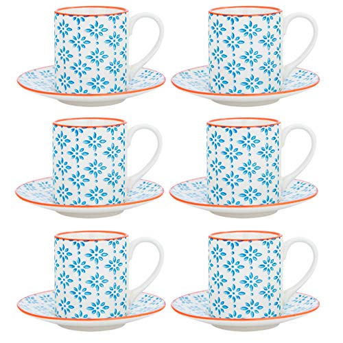 Nicola Spring Handgedruckter Espresso -Cup & Untertasse -Set - 65ml - Blau - 12pc von Nicola Spring