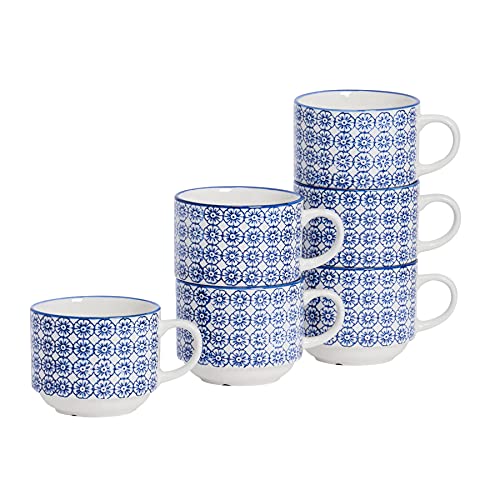 Nicola Spring Gemusterte, stapelbare Porzellan Tee/Kaffee Tassen - Blaue Blume Design - 6er Packung von Nicola Spring