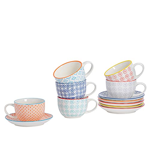 Nicola Spring Handgedrucktes Cappuccino Cup & Saucer -Set - 250ml - 6 Farben - 12pc von Nicola Spring