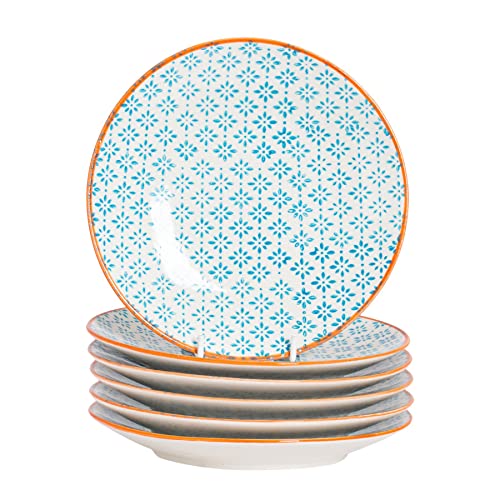 Nicola Spring Handbedruckte Beilagenteller - 18 cm - Blau - 6er-Pack - dekorativ gemusterte Speiseteller aus Porzellan für Snacks, Vorspeisen, Abendessen, Desserts von Nicola Spring