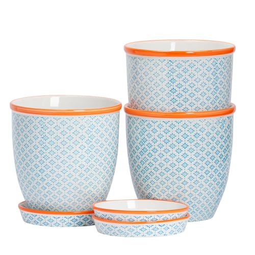Nicola Spring Handgedruckte Pflanzentöpfe Mit Untertassen - 20,5cm - Blau - Pack Von 3 von Nicola Spring