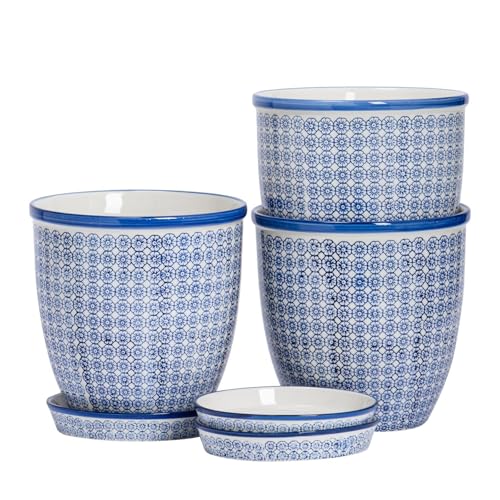 Nicola Spring Handgedruckte Pflanzentöpfe Mit Untertassen - 20,5cm - Marine - Pack Von 3 von Nicola Spring