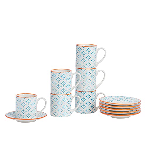 Nicola Spring Handgedruckter Espresso -Cup & Untertasse -Set - 65ml - Blau - 12pc von Nicola Spring