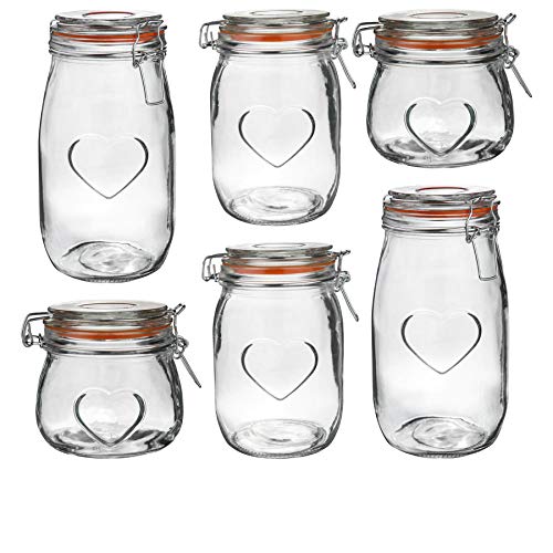 Nicola Spring Herz Design Glas Lagerung Lebensmittelkonservengläser - 500 ml / 1 l / 1.55L - Orange - Set aus 6 von Nicola Spring