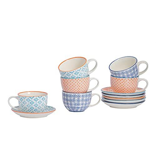 Nicola Spring Handgedrucktes Cappuccino Cup & Saucer -Set - 250ml - 3 Farben - 12pc von Nicola Spring