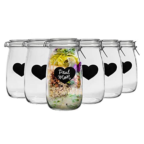 Nicola Spring Startseite Erhaltung Bundle - Set von 6 Geprägten Herzen Lebensmittel Jam Vorratsgläser mit Dichtungen, Tafel Etiketten - 1.5L von Nicola Spring