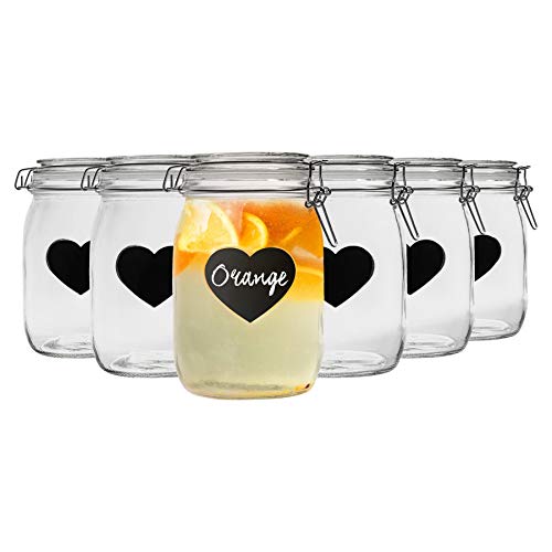 Nicola Spring Startseite Erhaltung Bundle - Set von 6 Geprägten Herzen Lebensmittel Jam Vorratsgläser mit Dichtungen, Tafel Etiketten - 1L von Nicola Spring