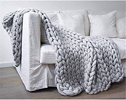 Nicole Knupfer Decke Gestrickte Werfen Handgefertigt Grobe Strickdecke Wolle Garn Sofa Decke DIY Zuhause Geschenk (Hellgrau,120×180cm) von Nicole Knupfer