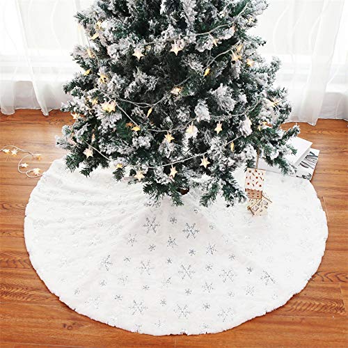 Plüsch Weihnachtsbaum Rock, Weißer Weihnachtsbaum Röcke mit Schneeflocke Pailletten Weihnachtsbaumdecke Christbaumständer Teppich Decke Dekoration für Frohe Weihnachten Neujahrsparty (Silber,120cm) von Nicole Knupfer