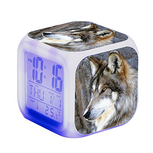 Wolf Wecker Kinder Wecker LED Night Nachttischwecker Quadrat Beleuchteter LCD Uhr Wake Up Wecker Geschenk Muster Wolf (#1) von Nicole Knupfer