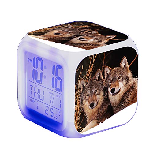 Wolf Wecker Kinder Wecker LED Night Nachttischwecker Quadrat Beleuchteter LCD Uhr Wake Up Wecker Geschenk Muster Wolf (#10) von Nicole Knupfer