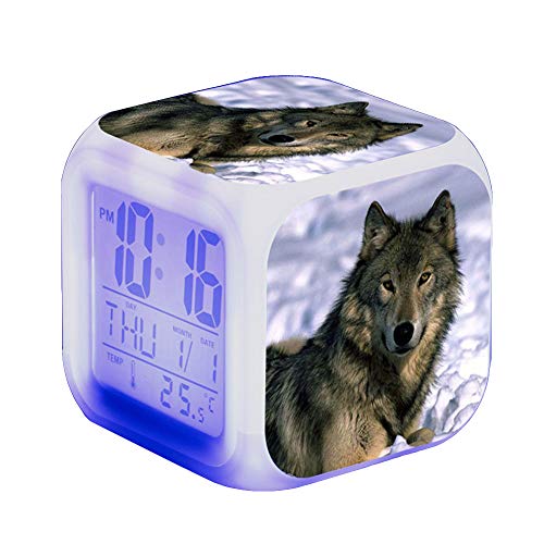 Wolf Wecker Kinder Wecker LED Night Nachttischwecker Quadrat Beleuchteter LCD Uhr Wake Up Wecker Geschenk Muster Wolf (#11) von Nicole Knupfer