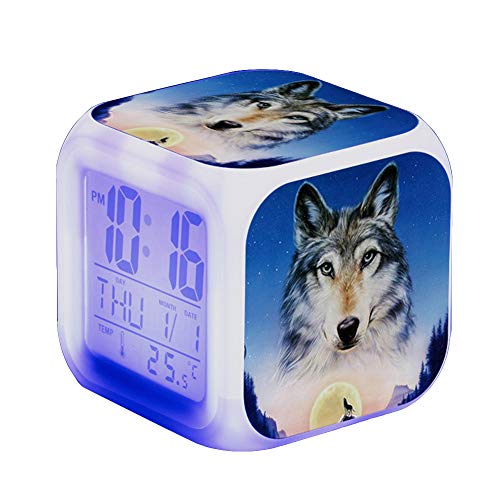 Wolf Wecker Kinder Wecker LED Night Nachttischwecker Quadrat Beleuchteter LCD Uhr Wake Up Wecker Geschenk Muster Wolf (#12) von Nicole Knupfer