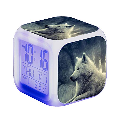 Wolf Wecker Kinder Wecker LED Night Nachttischwecker Quadrat Beleuchteter LCD Uhr Wake Up Wecker Geschenk Muster Wolf (#18) von Nicole Knupfer