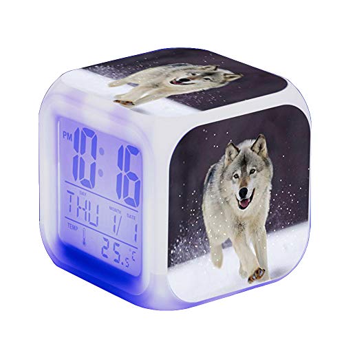 Wolf Wecker Kinder Wecker LED Night Nachttischwecker Quadrat Beleuchteter LCD Uhr Wake Up Wecker Geschenk Muster Wolf (#4) von Nicole Knupfer