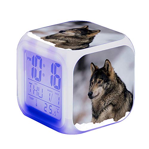 Wolf Wecker Kinder Wecker LED Night Nachttischwecker Quadrat Beleuchteter LCD Uhr Wake Up Wecker Geschenk Muster Wolf (#5) von Nicole Knupfer