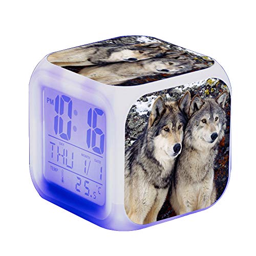 Wolf Wecker Kinder Wecker LED Night Nachttischwecker Quadrat Beleuchteter LCD Uhr Wake Up Wecker Geschenk Muster Wolf (#6) von Nicole Knupfer