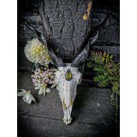 Sonderanfertigung - Echter Zackelschafschädel Mit Eingravierten Designornamenten Labradorit Filigran Schnecke Spirale Hörner Pest Brauch von NicoleBartkowiak