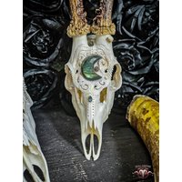 Made To Order Echte Reh Schädel Schnörkel Ornamente Schnitzen Geschenkidee Für Freundin Filigrane Bock Einzigartige Mondförmigen Labradorit Kunst von NicoleBartkowiak