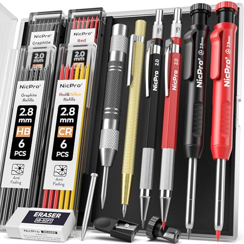 Nicpro 15 Stück Tischler Bleistifte Set mit Anspitzer, Mechanische Zimmermannsbleistifte mit 40 Minen, Automatisches Körner und Hartmetall Anreißwerkzeug, Robuster Baubleistift mit Etui Nicpro 15 Stück Tischler Bleistifte Set mit Anspitzer, Mechanische Zimmermannsbleistifte mit 40 Minen, Automatisches Körner und Hartmetall Anreißwerkzeug, Robuster Baubleistift mit Etui von Nicpro