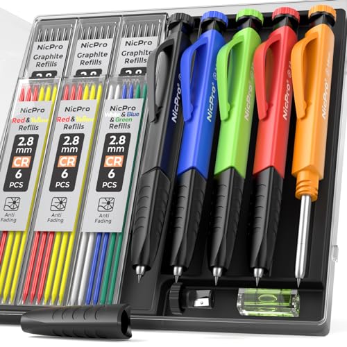 Nicpro Druckbleistift-Set mit Spitzer und Fingergriff, mechanische Holzbearbeitungsbleistifte mit 41 Nachfüllungen, Tieflochmarker, robuste Baustifte für Architekten, mit Etui, 5 Stück Nicpro Druckbleistift-Set mit Spitzer und Fingergriff, mechanische Holzbearbeitungsbleistifte mit 41 Nachfüllungen, Tieflochmarker, robuste Baustifte für Architekten, mit Etui, 5 Stück von Nicpro