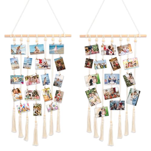 Nicrulp 2er Set Bilderrahmen Collage, Fotowand Mehrere Bilder, Fotorahmen Fotovorhang, Fotohalter Bilderwand, Fotocollage Fotoleine Wandbehang, Foto Hängendes Makramee Mit 30 Holzklammern, 7 Hanfseil von Nicrulp