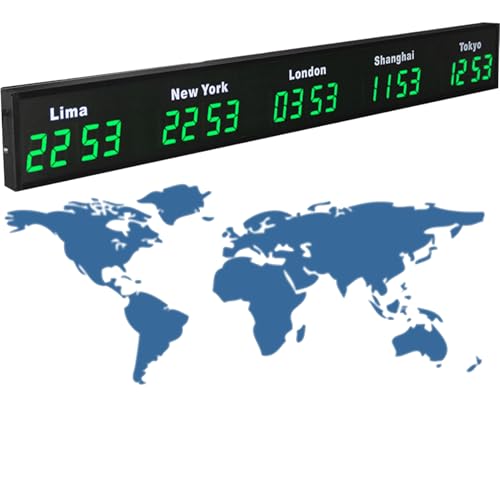 Digitale LED-Wanduhr mit mehreren Zeitzonen, Weltzeitzonenuhr für Büro und Zuhause, präzise und leise,Green-5City von Nicvrea