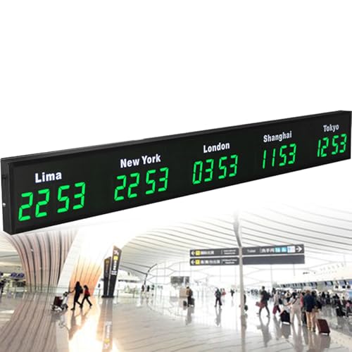 Große digitale LED-Weltzeituhr, digitale Vollfarb-LED-Weltzeituhr mit mehreren Zeitzonen, 3/4/5 Städte-Weltzeituhr, für Hotels, Flughäfen und multinationale Unternehmen,Green-5City von Nicvrea