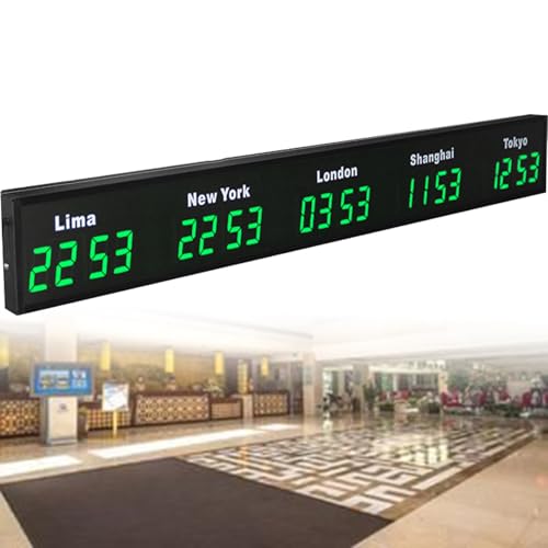 Große digitale LED-Weltzeituhr mit 3/4/5 Zeitzonenanzeige, ideal für Hotels, Flughäfen und multinationale Unternehmen,Green-5City von Nicvrea
