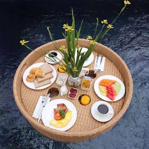Nicvrea Schwimmendes Tablett für Pool Rattan Gewebtes Serviertablett, Pool Tablett,Servierbar Schwimm-Getränkehalter,Salat EIS Essen Pool Tablett Schwimmend,60cmRound-Apricot von Nicvrea