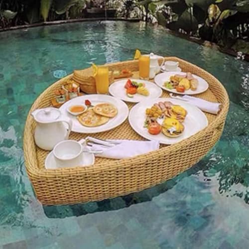 Nicvrea Schwimmendes Tablett für Pool Rattan Gewebtes Serviertablett, Pool Tablett,Servierbar Schwimm-Getränkehalter,Salat EIS Essen Pool Tablett Schwimmend,Leaf-Apricot von Nicvrea